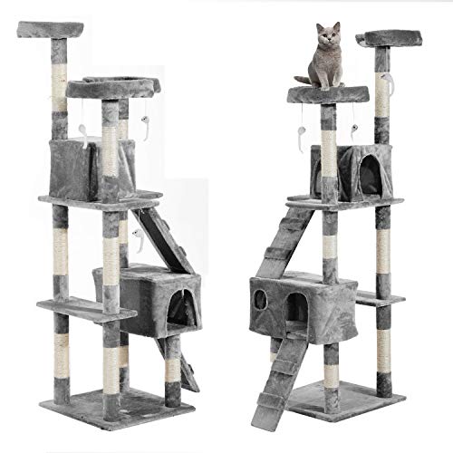 Homgrace Árbol para Gato con Rascador, Casetas con Recubrimiento de Felpa para Que los Gatos para Relajarse, Jugar y Descansar Color Gris