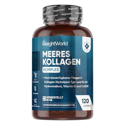 Meeres Kollagen Komplex - 1200mg Hydrolysierte Fischkollagen Peptide - Mit Hyaluron, CoQ10, Vitamin C, Zink - 120 Collagen Hyaluronsäure Kapseln - WeightWorld