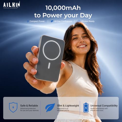Image of AILKIN 10000mAh Magnetic Wireless Power Bank, MagSafe Compatible Portable Charger with Kickstand, Fast Charging Mini Power Bank Compatible for iPhone 16 /15 /14 /13 Series & Android USB-C Devices