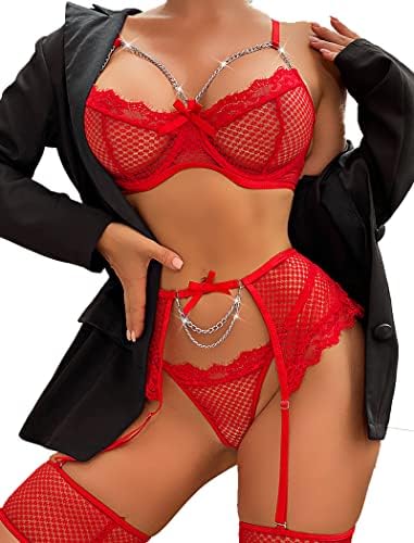 Avidlove Garter Set Lingerie for Women Fishnet Sexy Underwire Lace 4 Piece Sets Chain Bra