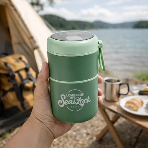 Image of Insulated Stackable Bento Box, 304 Stainless Steel Leak-Proof Thermal Lunch Pot with Foldable Spoon, 780ML Double-Layer Food Flask for Work & School - Green