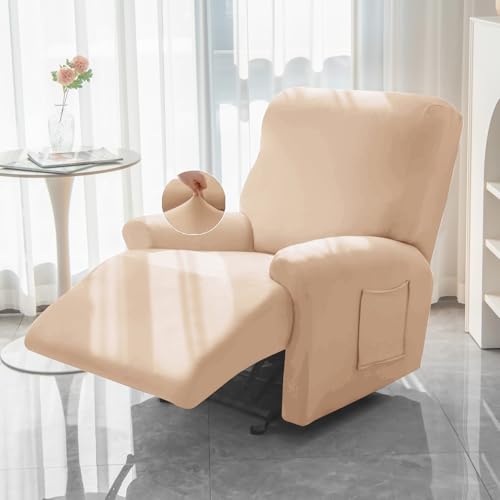 Image of HOKIPO 'SereneSolids' 140 GSM 4-Pieces Super Stretch Recliner Chair Cover 1 Seater Fully Covered Washable Furniture Protector, Beige (NEW-4740-BGE)