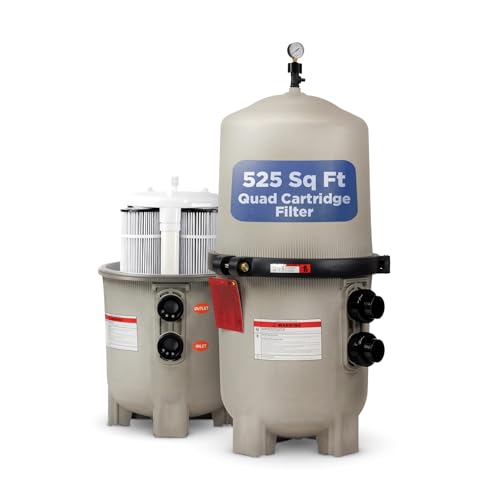 Rx Clear 525 Sq Ft Quad Cartridge Pool Filter for Swimming Pools | 150 GPM High Flow | 2 Plumbing Connections | Durable Resin Tank | Inground Pool Filtration System
