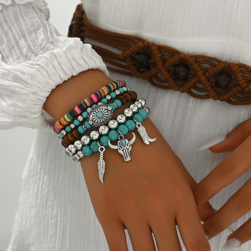 Long tiantian Western Turquoise Bracelet for Women Boho Jewelry Beaded Bracelet Stack Western Inspired Clothes Concho Country Concert Cowboy Chic Oufits2