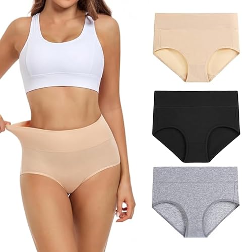 Image of GLAMORAS Women's Cotton High Waist Full Coverage Panty Set, Size M-XXL (Pack of 3 Panty) | High Rise Seamless Brief Panties for Women | Cotton Soft Tummy Support Underwear Panties for Women Combo Set