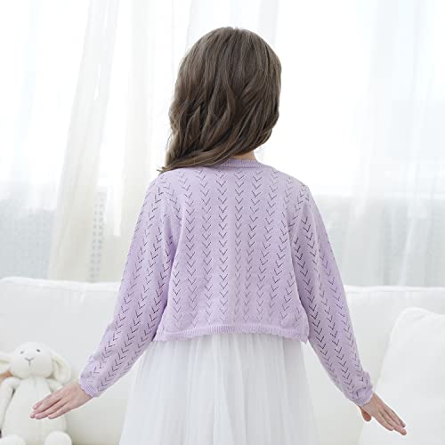 Image of Girls' Crochet Knitted Cardigan Sweater Bolero Shrug Kids Long Sleeve Button Closure Cropped Knitwear Cover Up,Light Purple,9 /10