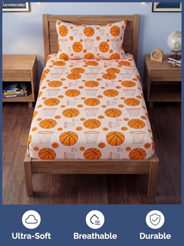 Image of Kids Twin Basketball Hoops Bed Sheets - 3 Piece Basketball Hoops Sheet Set | Basketball Hoops Themed Bedding, Ultra-Soft, Cute & Cozy, Breathable & Machine Washable, Bed Set for Boys, Girls & Teens