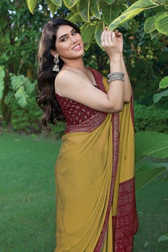 Image of MIRCHI FASHION Saree for Woman Chiffon Georgette Solid with Contrast Border | Lightweight Daily Wear Women's Sari and Printed Blouse Piece