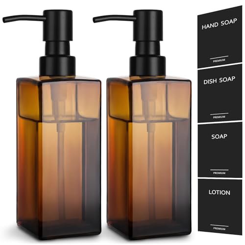Image of GMISUN Amber Glass Soap Dispenser, Hand Soap Dispenser with Stainless Steel Pump for Bathroom, 12 fl oz /350ml Refillable Dish Dispensers for Kitchen, Modern Liquid Lotion Bottles for Countertop