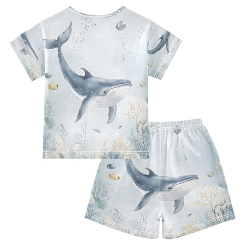 ALAZA Whale Sea Watercolor Coral Reef Pajamas Set Short Sleeve Cotton Sleepwear Summer Pjs 2 Piece 5-14Y2