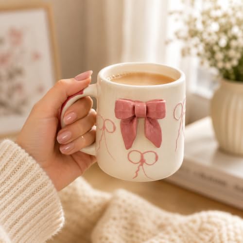 Image of Niyara Stoneware Handmade Premium Ceramic Tea Cups and Coffee Mugs Set of 2 (Ribbon Design)