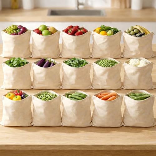 Image of 100% Cotton Reusable Vegetable Storage Bags for Fridge | 15 Pcs Washable Breathable Zipper Cloth Bags | Eco Friendly Kitchen Organizer for Fruits & Veggies