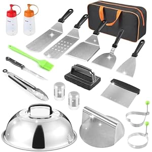 zycBernoi Bakplaat accessoires kit, 19 stuks platte top grill accessoires voor Blackstone Camp Chef, metalen spatel set met hamburgerpers, rijghoes, smeltkoepel, tang, draagtas voor buiten grillen BBQ