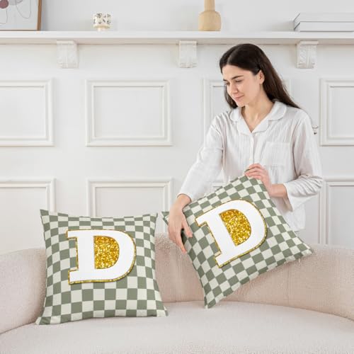 Image of Erosebridal Sage Green Checkered Throw Pillow Covers 16x16 Set of 2 Plaid Initial D Cushion Cover Personalized Monogram Throw Pillow Case for Bed Couch Sofa Fashion Grids Gingham Home Decor