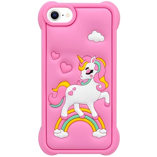 Mouzor Cute Pink Rainbow Unicorn Case Compatible with iPhone SE 2020/ SE 2022, Kawaii Horse iPhone 6/ 6s/ 7/8 Cases, Funny Animal 3D Cartoon Soft Silicone Full Protection Cover for Girls Kids Women