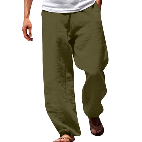 Men's Cotton Linen Drawstring Pants Elastic Waist Casual Summer Beach Pants w/Pockets