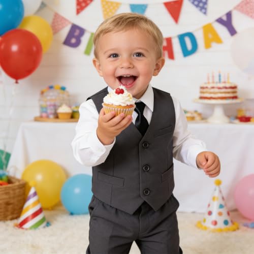 Image of Baby Boy Formal Suit for Toddler Infant Tuxedo Dress Suits | Little Gentleman, Wedding Ring Bearer Outfit, Vest Pants Long-Sleeve Shirt Tie, Birthday Party Christmas Prom, Classic