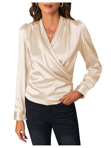 SOLY HUX Women's Satin Silk Blouses Wrap V Neck Puff Long Sleeve