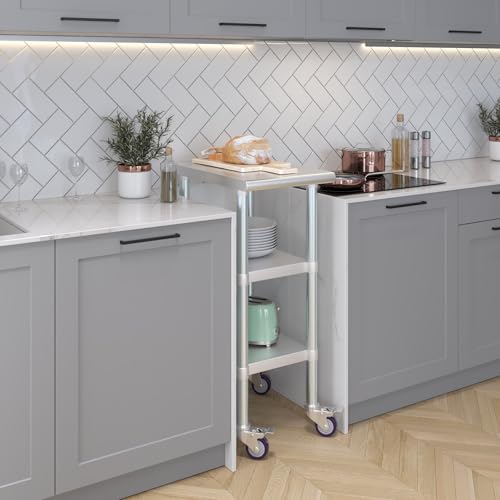 Image of AmGood Stainless Steel Work Table with 2 Shelves and Casters | Metal Utility Table On Wheels (Stainless Steel Work Table with 2 Shelves + Casters, 15 inch Long x 24 inch Deep)