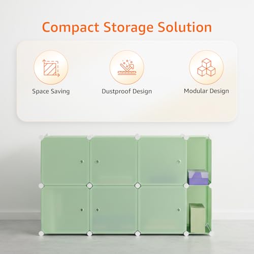 Image of Amazon Basics Plastic Modular Wardrobe Storage Cabinet for Home | 8 Cube Organizer with Doors | DIY Foldable Closet for Clothes, Toys & Essentials | Green with Stickers | 75 x 37 x 128 cm