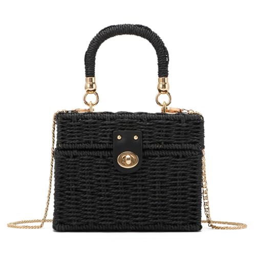LHHMZ Frauen handgeflochtene Rattan Square Tote Strohkorb Tasche Damen Sommer Strandtasche Wicker Umhängetasche
