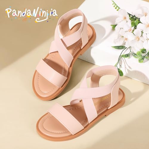 Image of PANDANINJIA Girls Sandals Slip-on Elastic Ankle Cross Strappy Gladiator Dress Sandals Flats Summer Shoes Little Big Kids Sandals