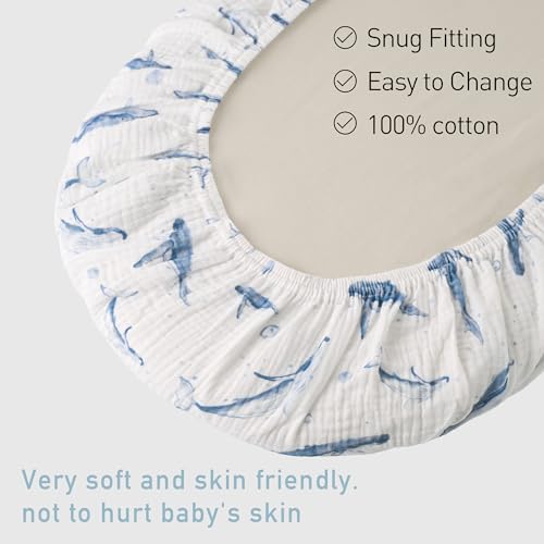 Image of Muslin Bassinet Fitted Sheets 2 Pack, Soft Breathable Cotton Baby Bassinet Mattress Sheet Set, 360 Elastic Snug Fit, Universal for Oval, Rectangle (Blue Whale, Bassinet Sheets 2 Pack)