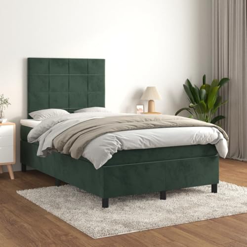 YuuSsea Cama con somier con colchón, color verde oscuro 120 x 200 cm, tela de terciopelo, cabecero de altura regulable, colchón de muelles ensacados, soporte de resistencia media, muebles de