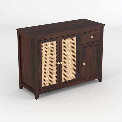 Image of Solid Sheesham Wood Sideboard Cabinet for Living Room | Crockery Cabinet with 2 Rattan Cane Door | Kitchen Display Unit 2 Rattan Cane Doors,1 Door Cabinet & 1 Drawer (Walnut Finish)