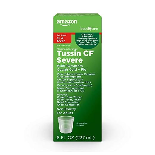 Amazon Basic Care Tussin Severe CF Max Syrup, Multi-Symptom Cough, Cold and Flu Liquid Medicine, Non-Drowsy, Relieves Cough, Sore Throat, Body Aches, Fever, Nasal and Chest Congestion, 8 fl oz