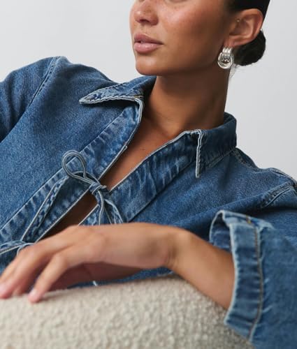 Women Fashion Cropped Denim Jacket Tie Front Lapel Neck Long Sleeve Jean Coat Lightweight Shacket Fall Blouse4