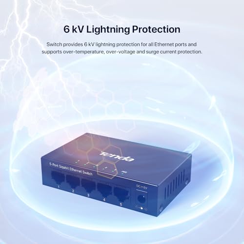 Image of Tenda 5 Port Gigabit Ethernet Switch | Ethernet Splitter | 5 x 1000Mbps Ports | Unmanaged Network Switch | Plug & Play | Desktop /Wall-Mount | Fanless Quiet | Sturdy Metal Case | Traffic Optimization