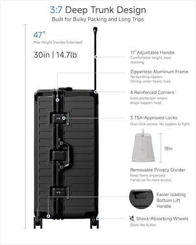 Image of LUGGEX Checked Suitcase with Spinner Wheels, 8010S Aluminum Frame Zipperless Polycarbonate Hard Shell Suitcase (ZX-Core, Black, 30 Inch)
