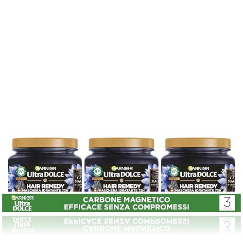 Garnier Ultra Dolce Carbone Magnetico, Multi Pack x3 Maschera Idratante, 94% Origine Naturale, 1 Minuto Di Posa, Per Lunghezze Secche, Senza Siliconi, 340 ml