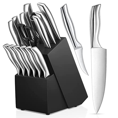 Chef Knife Sets, Kitchen Knife Set with Wooden Block German High-Carbon Stainless Steel Steak Knives, Vegetables Fruits Paring Knife, Meat Chicken Scissors, Shears Cutter Sharpener Bread Knife