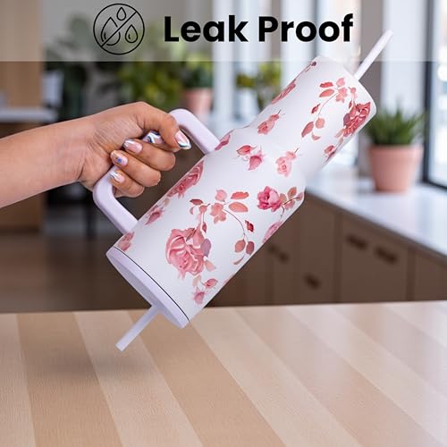 Image of Tumbler with lid and Straw 1200ML Cup Stainless Steel Vacuum Insulated Tumbler for Water, Iced Tea or Coffee 1.2L Office Gym Travelling (White Rose)