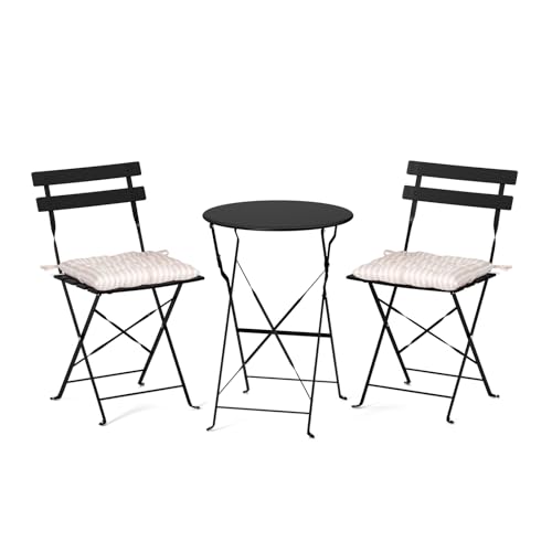 VINGLI Outdoor Folding Bistro Table and Chairs Set of 2, 3-Piece Bistro Set with Premium Steel Frame and Comfortable Cushions for Patio, Balcony, Garden, Porch, Yard, Black