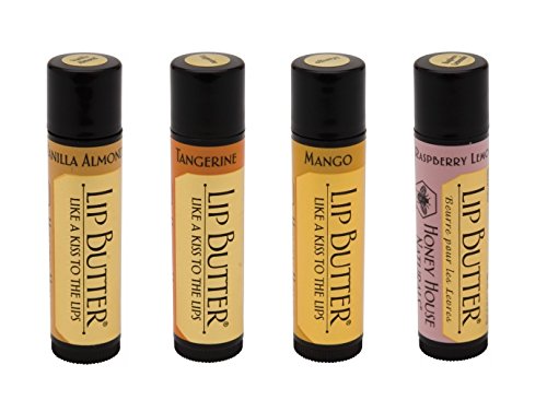 Honey House Naturals Lip Butter Gift Pack (4 Tubes - Vanilla Almond, Tangerine, Mango, Rasberry Lemonade)