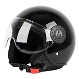 TTMiku 3/4 Open Face Motorcycle Helmet, Retro Single Visor Half Face Motorbike Helmet, Vintage Men Women Adult Scotter Chopper Moped Cruiser Casco, DOT Approved (Bright Black, M), Medium, CH34012