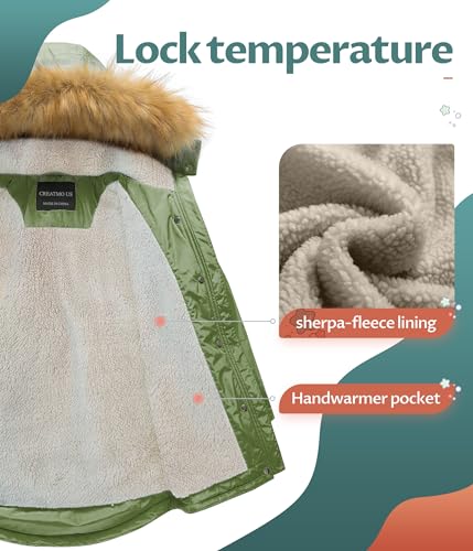 Image of CREATMO US Girl's Long Winter Warm Parka Sherpa Trimmed Collar Puffer Ski Jacket Coat