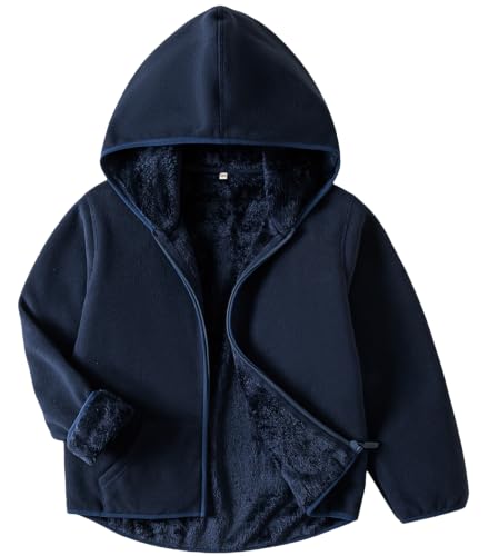 Image of Boys Girls Polar Fleece Jacket with Hood Toddler Coat 2-12 Years | Soft Full Sherpa Fleece Lining, Anti-Pilling, Mid-Weight, Easy Zip-Up, Hooded Design, Hand-Warm Pockets, Elastic Cuffs & Hem