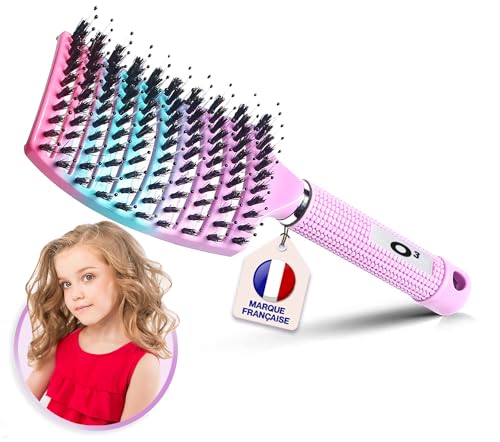 Brosse Cheveux demelante Magique [ Brosse ROSE Arc-en-Ciel NE TIRE PAS ] Poil de Sanglier 100% Naturelle - Pour démêler en douceur !