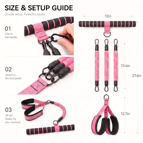 Pedal Resistance Band with Handle, 3-Tube Adjustable for Workout (Pink) - image 7