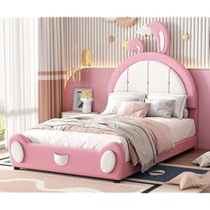 Merax Twin PU Ribbit Shaped Bed Frames for Girls Kids, Solid Pinewood Platform with Upholstered Headboard, Pink Merax Twin PU Ribbit Shaped Bed Frames for Girls Kids Solid Pinewood Platform with Upholstered Headboard Pink