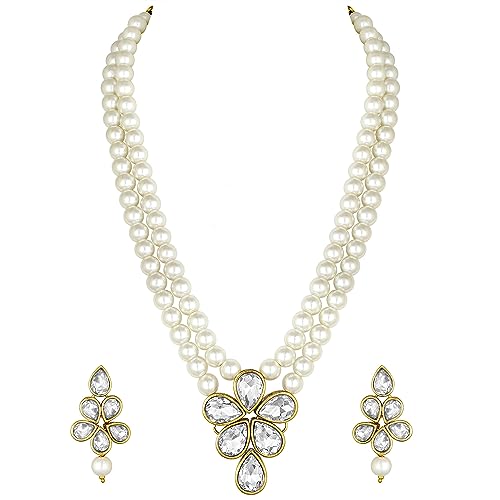Image of Peora Crystal Faux Pearl Kundan Necklace & Jewellery Set Gift for Women
