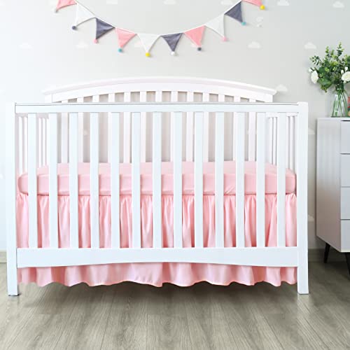 Image of Crib Bed Skirt 14 inch Drop, Fits 28 inchx52 inch Crib, Adjustable, Pink | 4-Sided Design, Adjustable Elastic Straps, Soft Polyester, Fade & Shrink Resistant, Machine Washable, Fits Standard Cribs