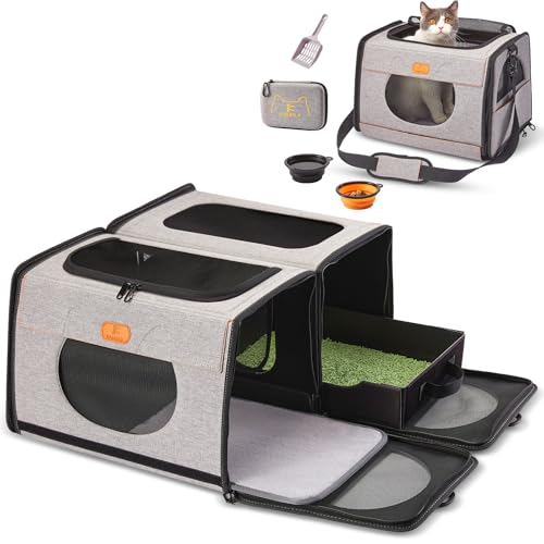 IC ICREATE.X Large Cat Carrier with Litter Box for Car Travel Pet Carrier Bag 2-in-1Double Cat Travel Transport Carrier for Long Distance Collapsible Dog Crate Cat Bag for Kitten 2 Cats