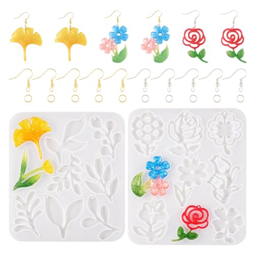 PandaHall 2pcs Earring Resin Mould Flower Leaf Pendant Silicone Molds with Earring Hooks Jump Rings for Epoxy Casting Crafts Jewellery Making