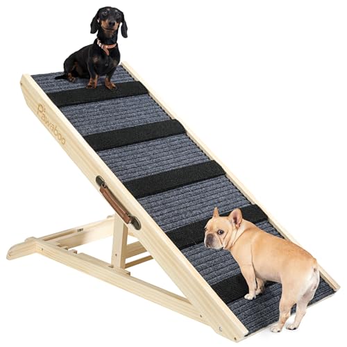 Pawaboo Hunderampe, Tragbare Haustiertreppe aus Holz, 4 Verstellbare Höhen 11.6' - 22.4', Haustierrampe für Kleine Mittelgroße Hunde mit Anti-rutsch bis 143lbs, Hundeeinstiegshilfe Auto Bett Sofa