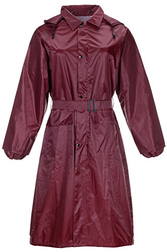 QZUnique Women's Lightweight Long Outdoor Ripstop Waterproof Packable Rain Jacket Zipper Raincoat with Hood Wine Red US XL